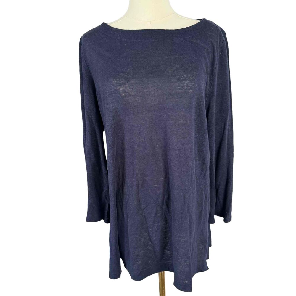 Eileen Fisher Navy Blue Boat Neck Loose Fit Long Sleeve Top Womens Size Medium